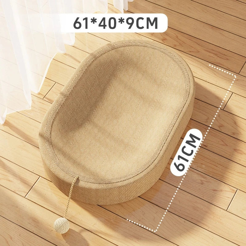 tapis gratter chat forme tête oreilles velours tressé blanc beige jouet ficelle repose chat