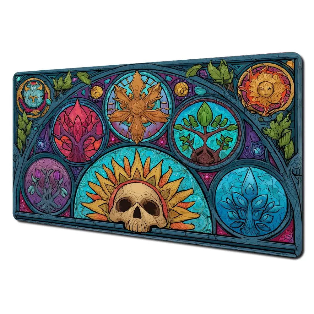 tapis jeu cartes artiste vitrail crâne fleurs feuilles symboles bleu vert orange rose noir