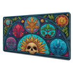 tapis jeu cartes artiste vitrail crâne fleurs feuilles symboles bleu vert orange rose noir
