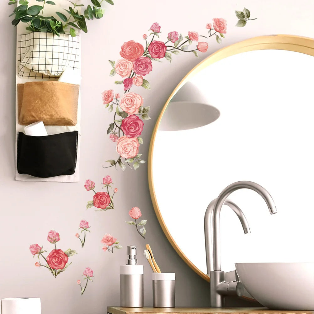 autocollant mural fleurs roses feuilles vertes floral romantique auto adhésif pvc opaques moderneintérieur salon