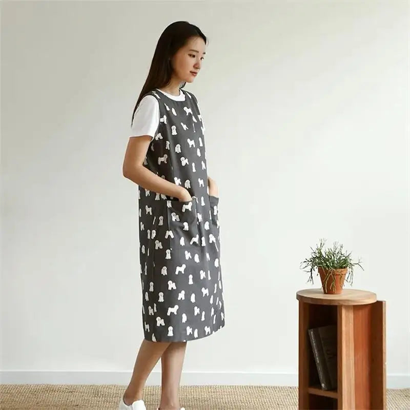 tablier coton imprimé chiens gris blanc moderne minimaliste poche poignées résistant intempéries Jacquard decoration