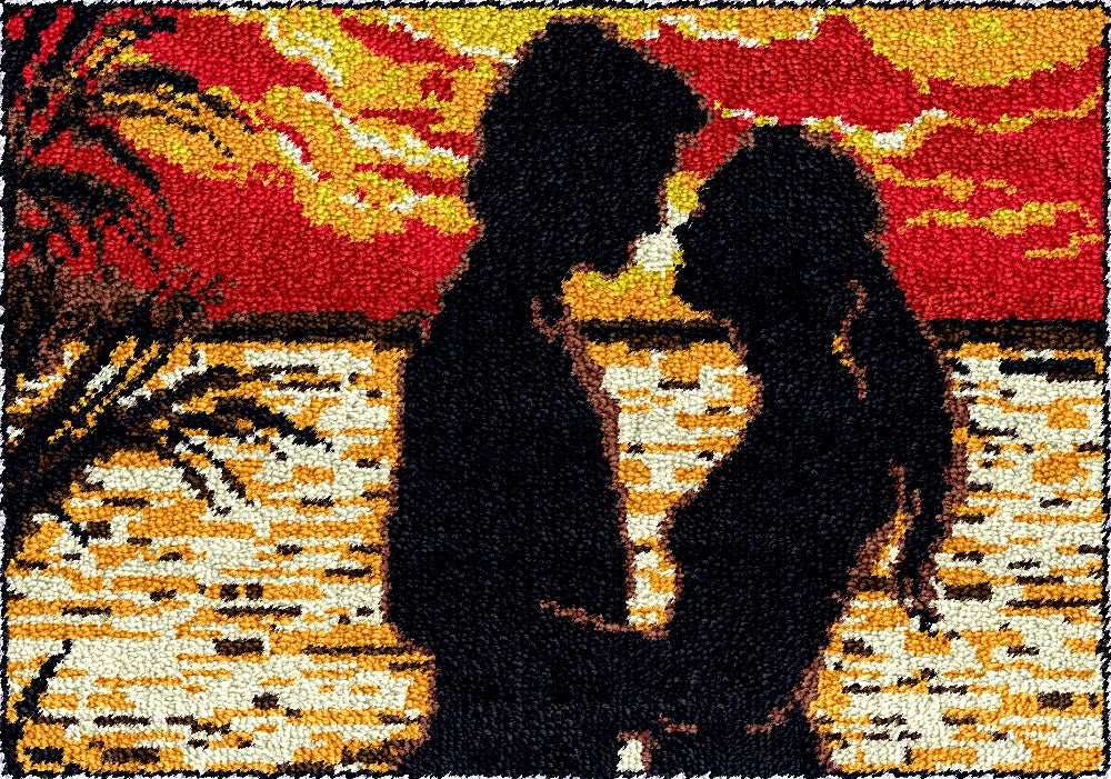 tapis brodé silhouettes embrassade soleil noir orange jaune artiste européen américain