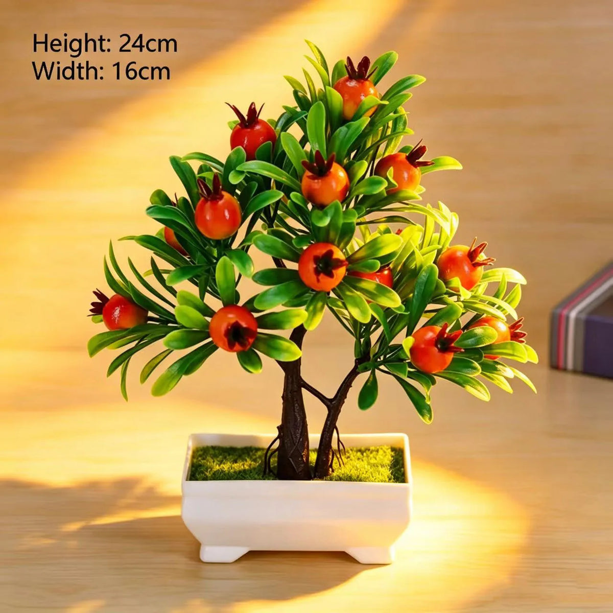 décoration intérieure arbre artificiel bonsaï pot blanc feuilles vertes fruits rouges tronc brun