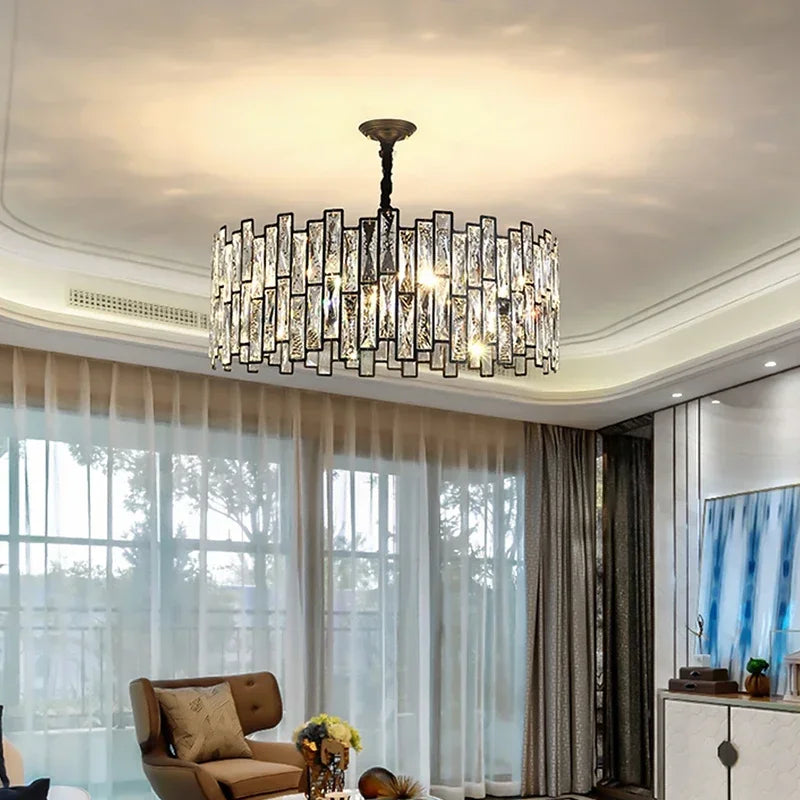 lustre cristal moderne transparent noir brillant salon restaurant haute gamme echangement chainemeta
