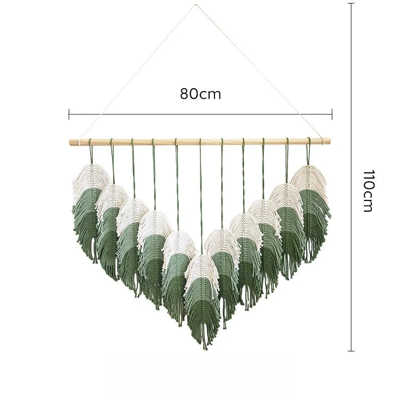 tapisserie murale multicolore motifs plumes boho chic tissage main coton naturel fixations suspension salon
