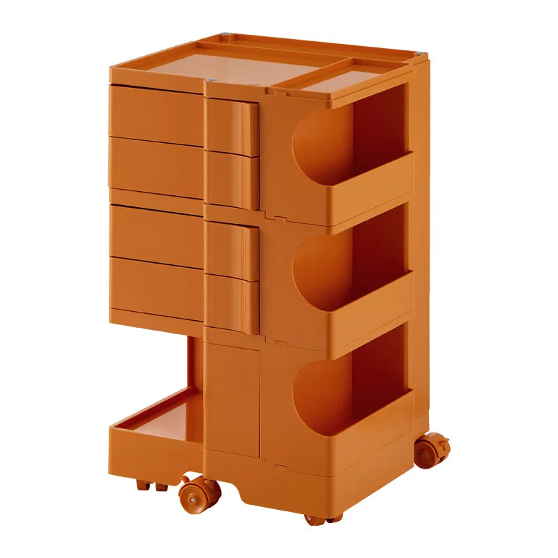 support stockage rotatif multifonction moderne plastique blanc orange vert minimaliste roulettes portatif