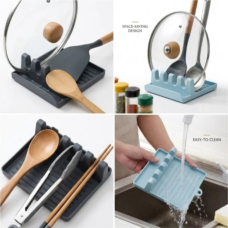 support cuisine multifonctionnel gris vert blanc moderne rainures cuillères fourchettes spatules