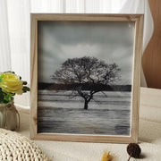 cadre photo bois texturé paysage arbre eau flamant feuilles rouge vert minimaliste