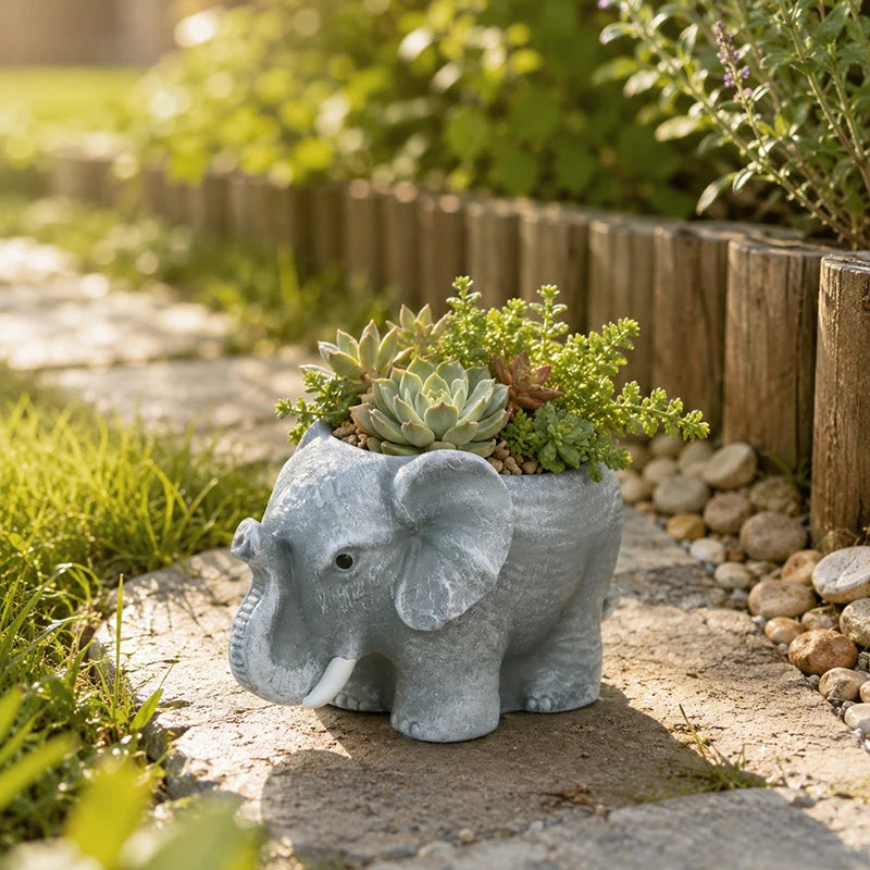 pots fleurs forme éléphant gris clair aspect texturé effet pierre decoratif animalier succulentes differentes