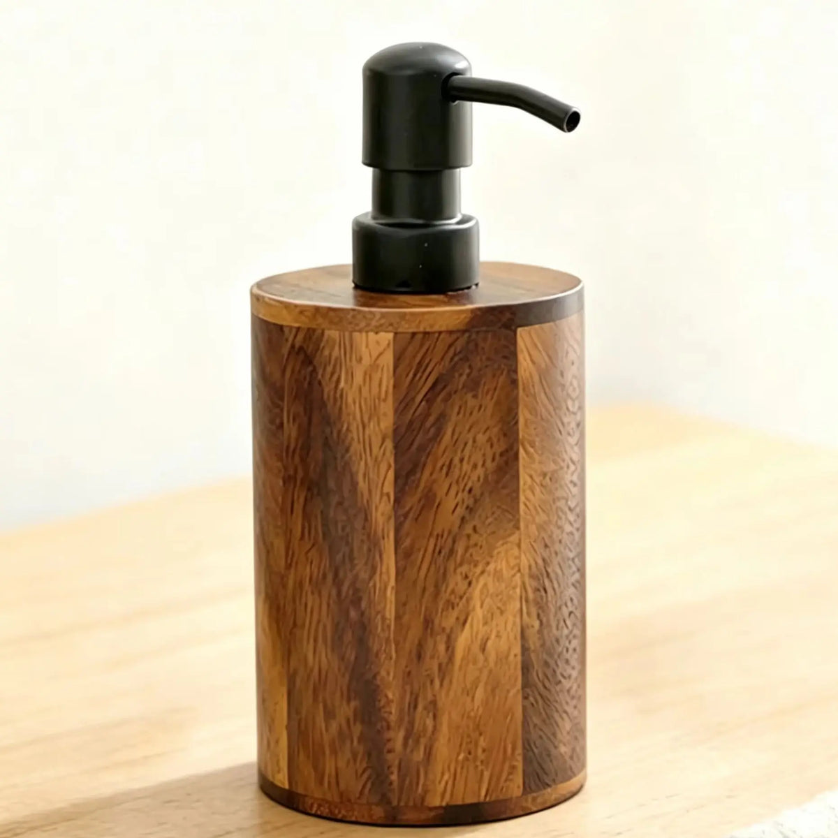 distributeur savon liquide bois marron pompe noire mousse moderne rustique 200ml 400ml rechargeable