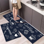 tapis sol cuisine motifs géométriques floraux moderne bleu foncé orange blanc