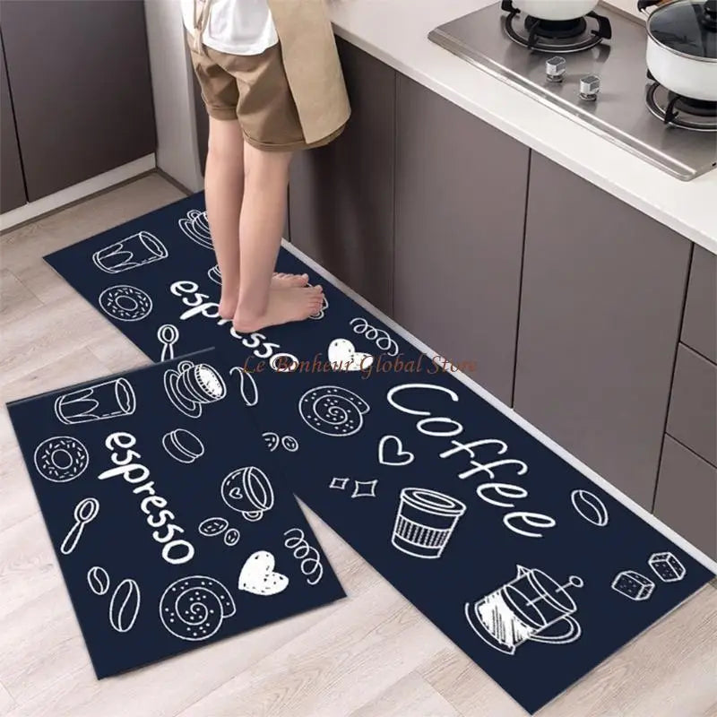 tapis sol cuisine motifs géométriques floraux moderne bleu foncé orange blanc