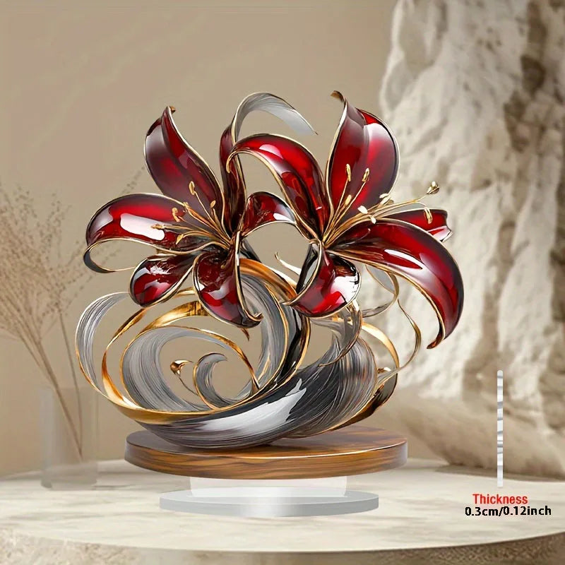 sculpture décorative contemporaine fleurs stylisées or brun foncé transparente base plate élégante intérieur maison