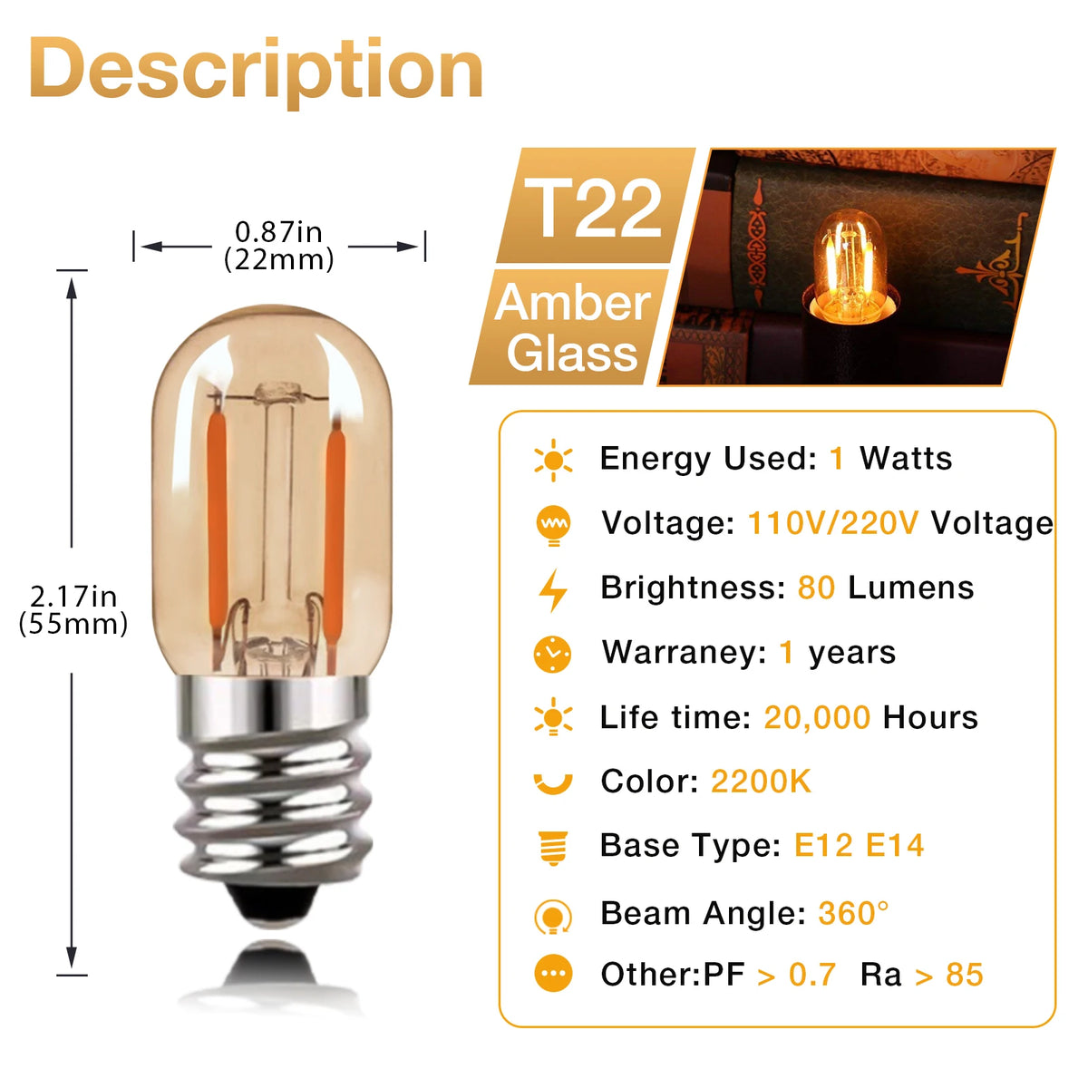 ampoules led filament amber glass vintage e12 blanc chaud 2200k dimmable 6pcs