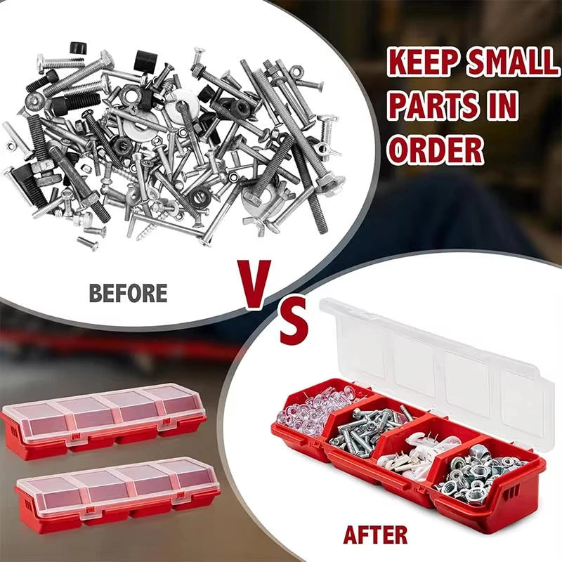 boîtes rangement compartiments outils vis bijoux plastique rouge noir transparent atelier poignée
