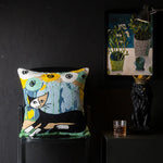 coussin abstrait brodé chats fleurs moderne linge coton bleu orange noir blanc vert marron