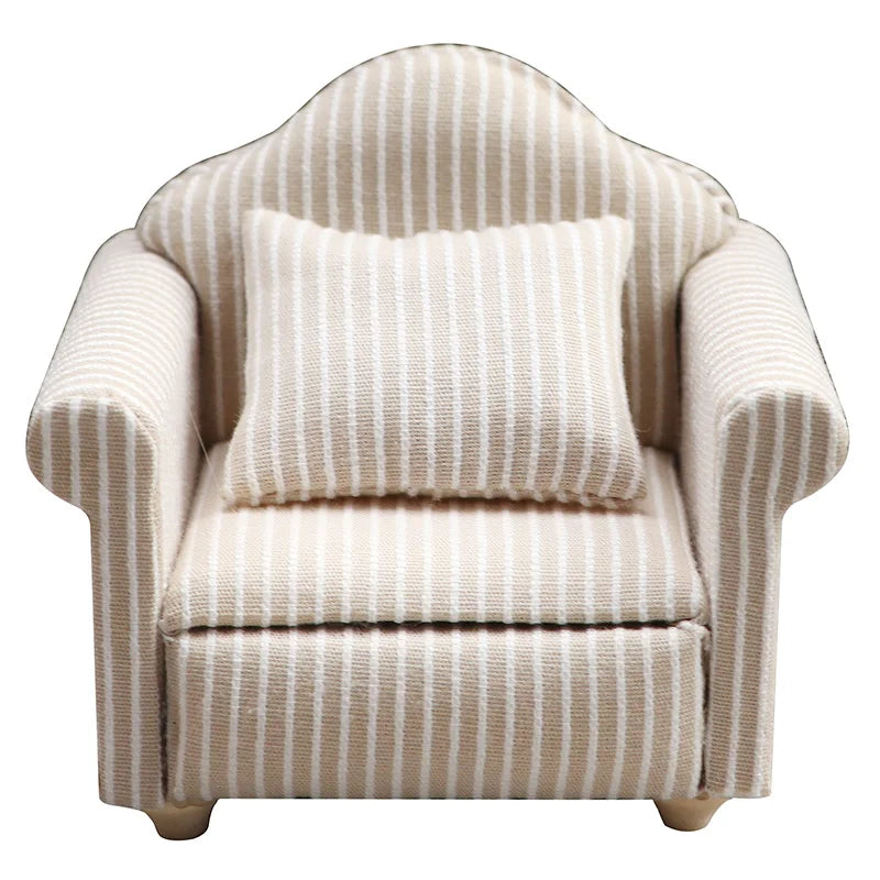 miniatures meubles classiques canapé fauteuil beige rayures coussins tissu texturé traditionnels
