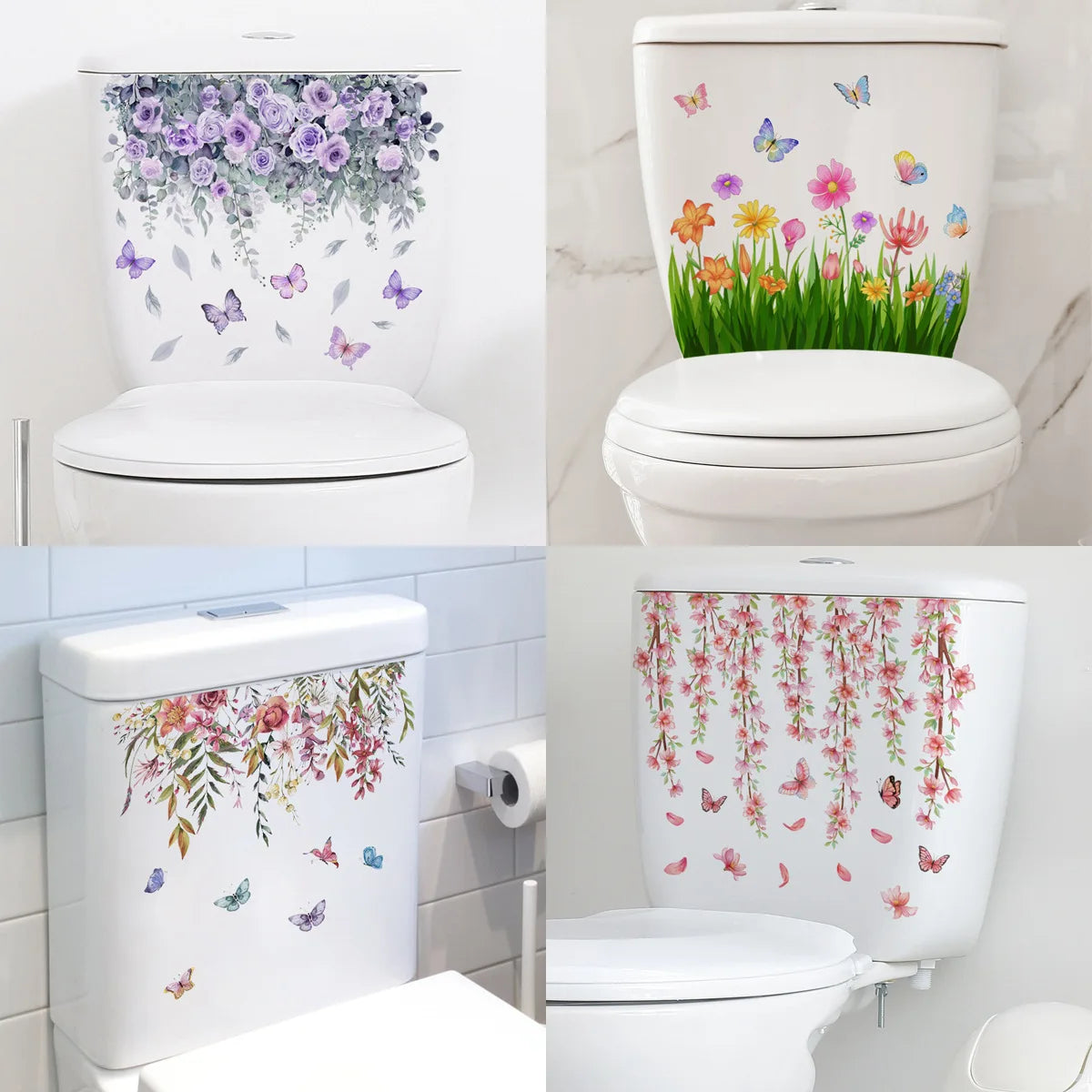 autocollant toilette fleurs papillons herbe adhésif décoration mur piscine réfrigerateur blanc pastorale