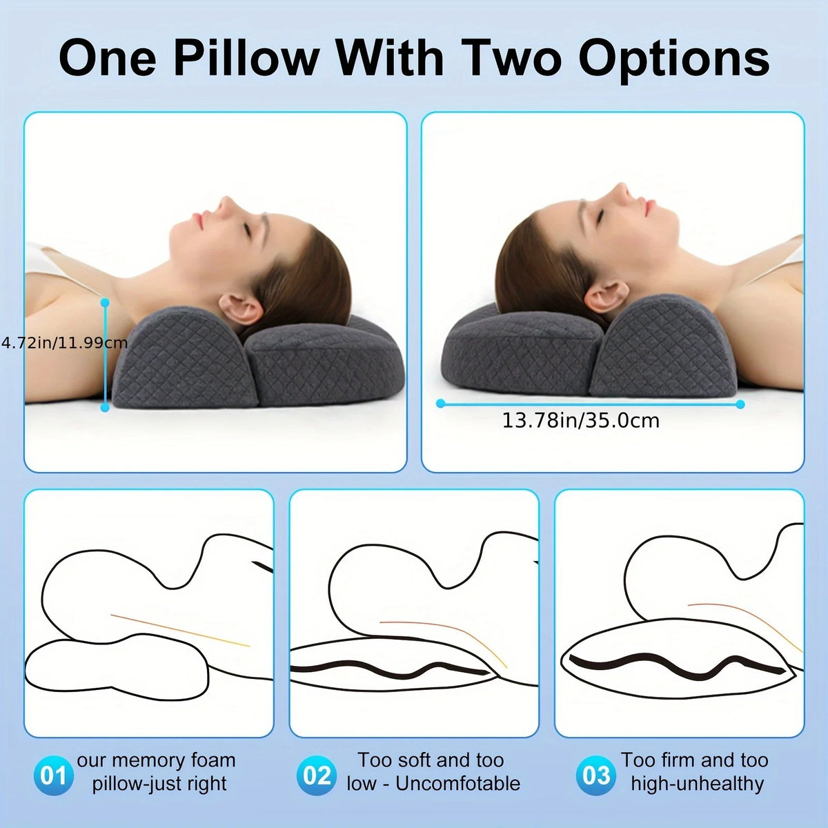 coussin cervical mousse mémoire forme concave gris coton carreaux lit sommeil ergonomique support cou