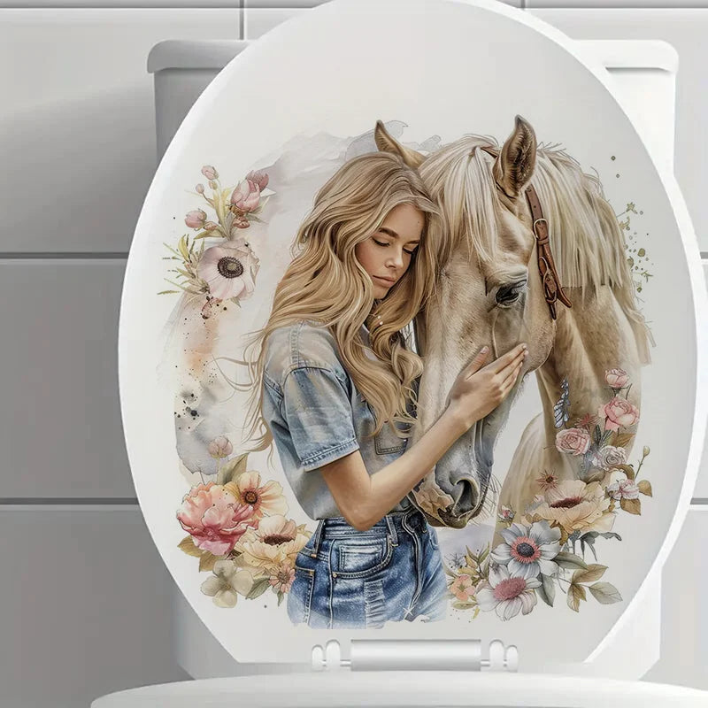 autocollant mural adhésif fille cheval fleurs décoration murale artistique salon maison sticker décoratif
