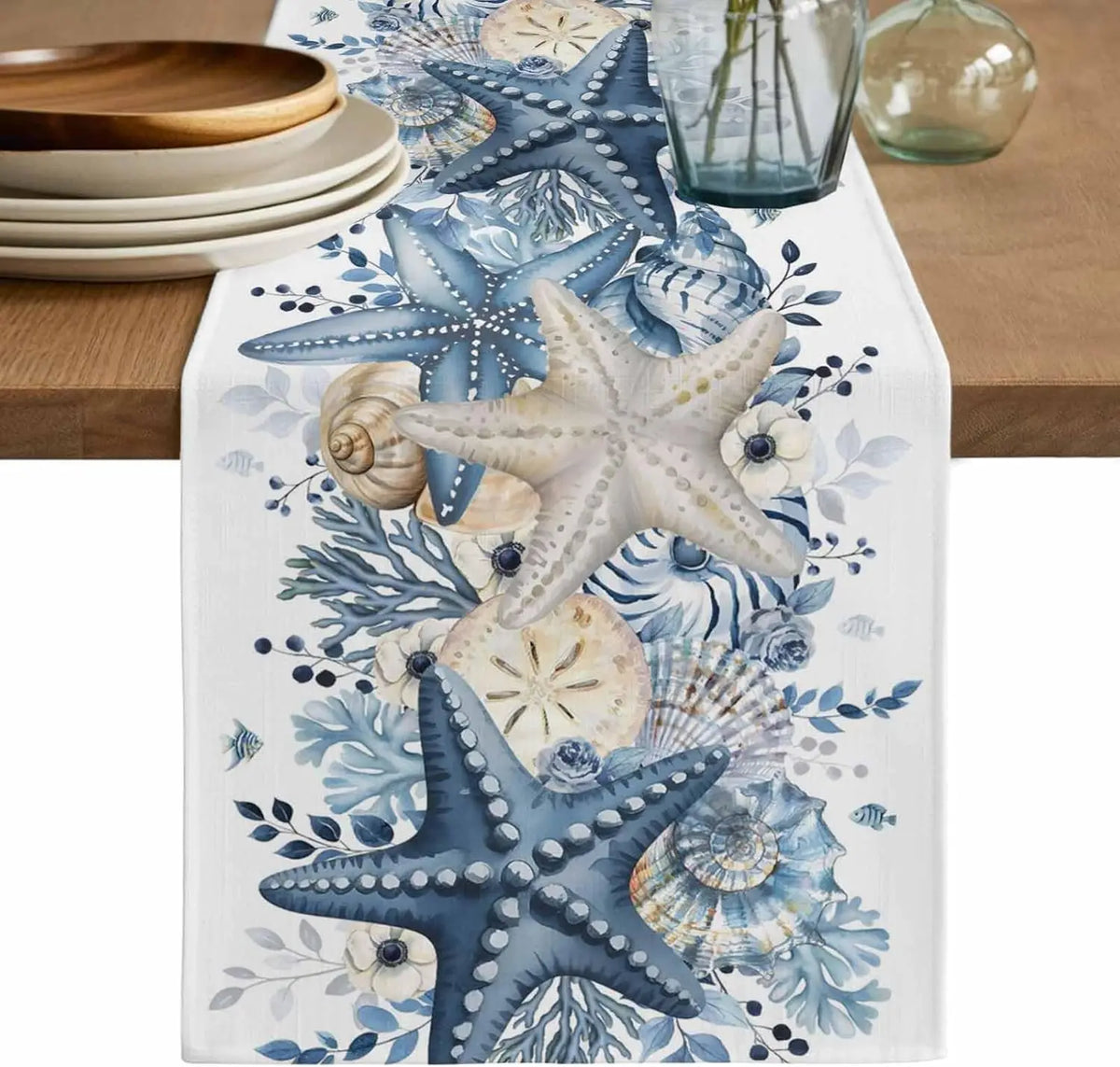 changement drap table lin bleu marine motifs coquillages été plage