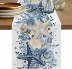 changement drap table lin bleu marine motifs coquillages été plage