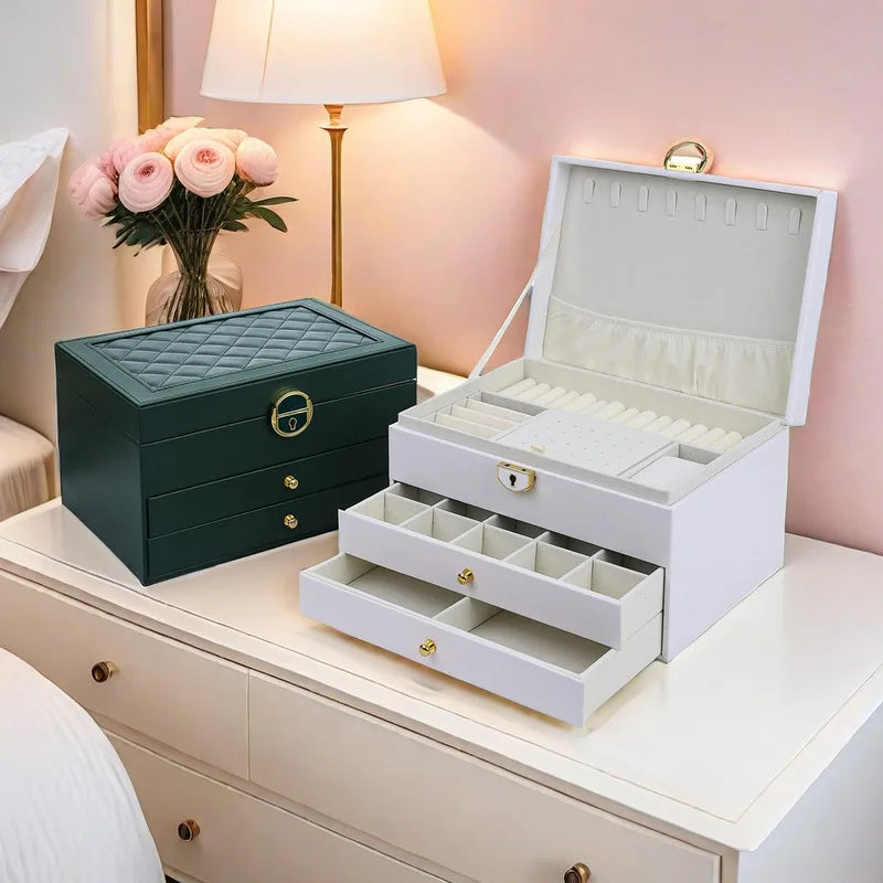 boîte rangement bijoux cuir vert blanc motif géométrique poignées dorées classique 24 compartiments