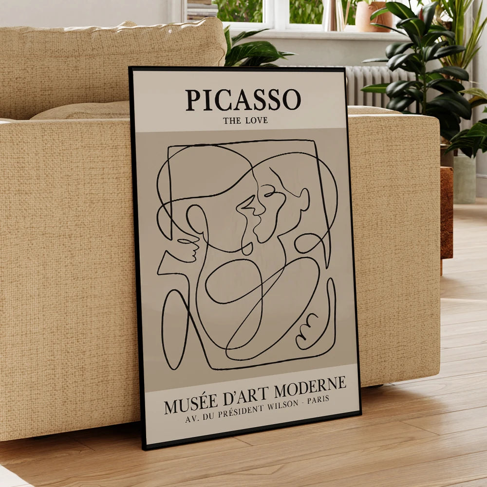 affiche abstraite baiser amour contemporaine minimaliste toile noir beige cadre aluminium