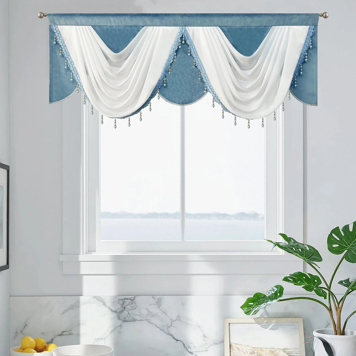 rideau velours bleu clair fleur élégant décoratives franges transparent salon chambre