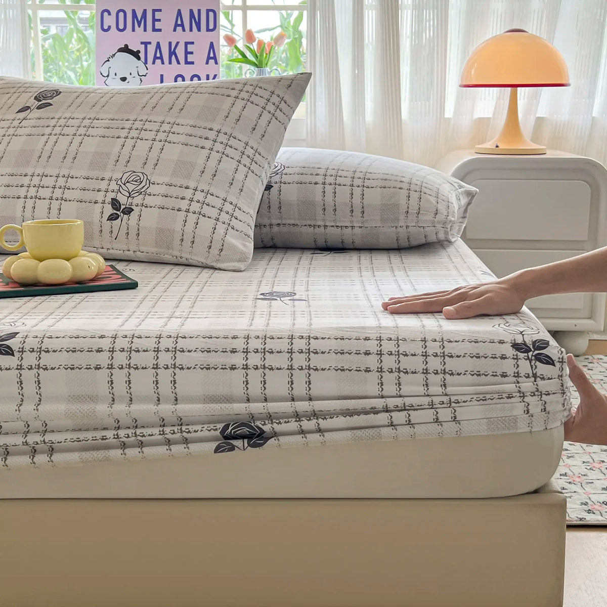 draps lit coton polyester houssable adultes carreaux gris roses modernes 120x200 150x200 180x200 200x220