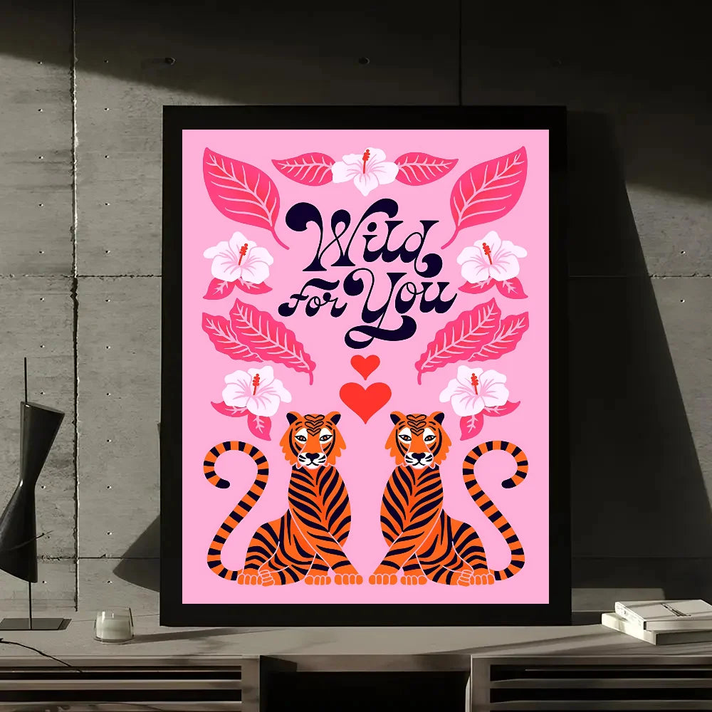 affiche moderne abstraite rose paysages tigres fleurs toile 30x40cm noir blanc pop art
