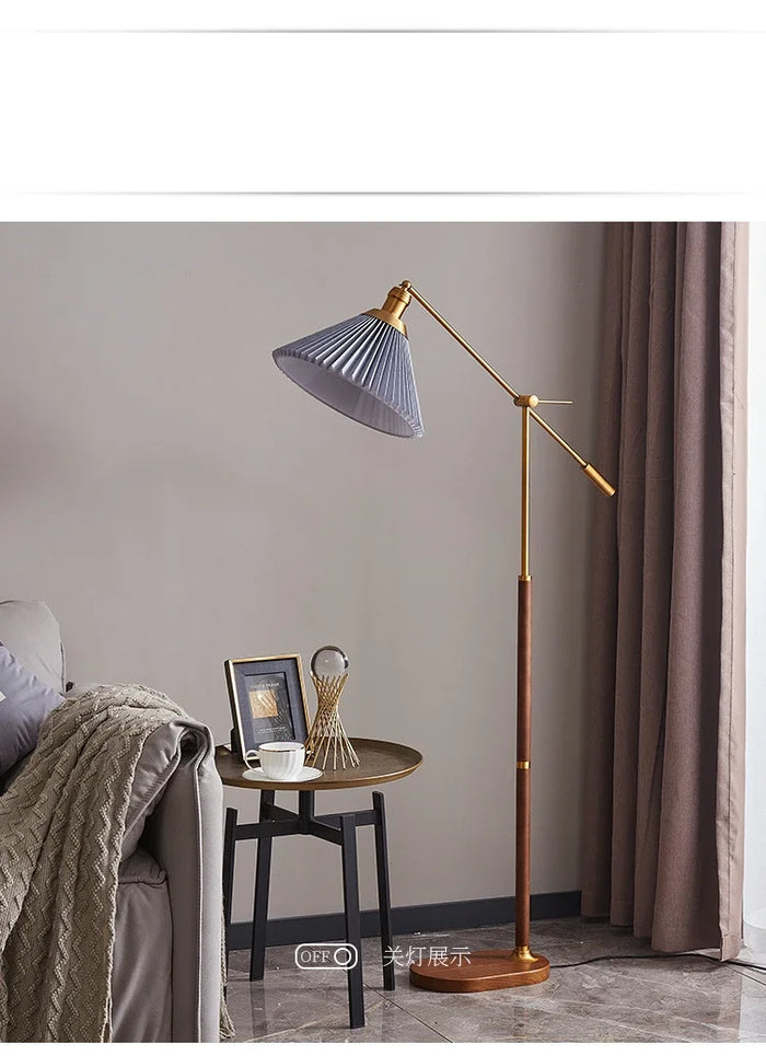 lampe sol moderne or bois ampoule e27 plissée base circulaire hauteur 125cm