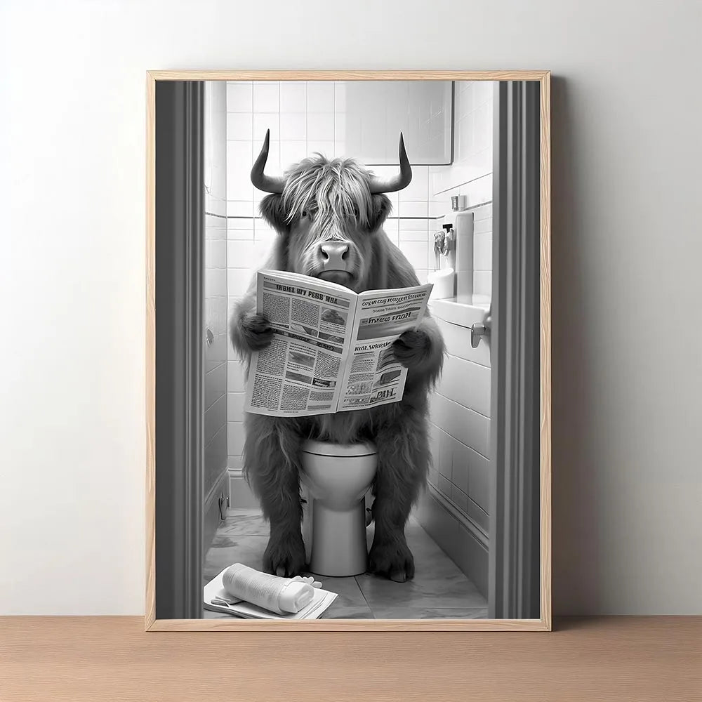 affiche toile salle bain humour animaux toilettes noir blanc cadre bois