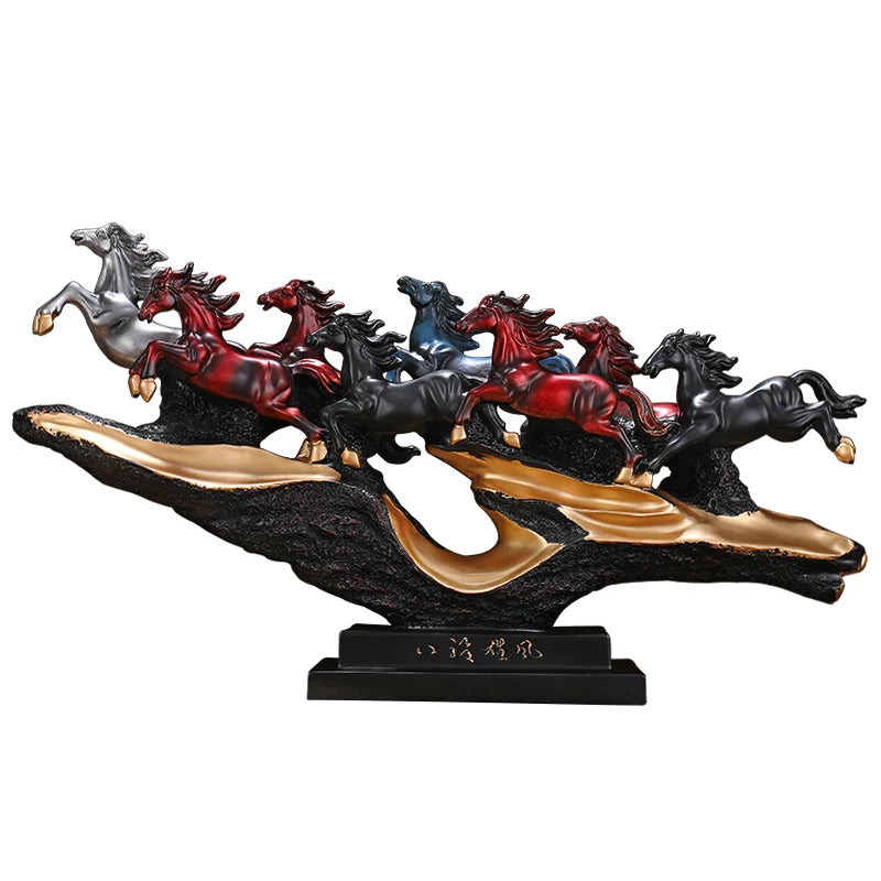 ornements sculptés chevaux résine artisanal chinois couleurs dorées rouges noires modernes
