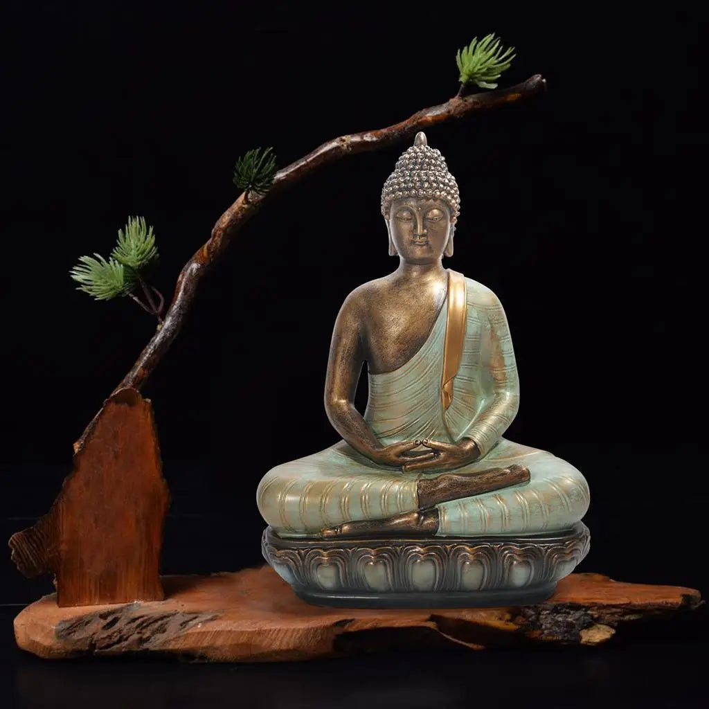 statue bouddha résine bronze zen jardin décoration extérieure or vieilli points coiffure plantes grasses