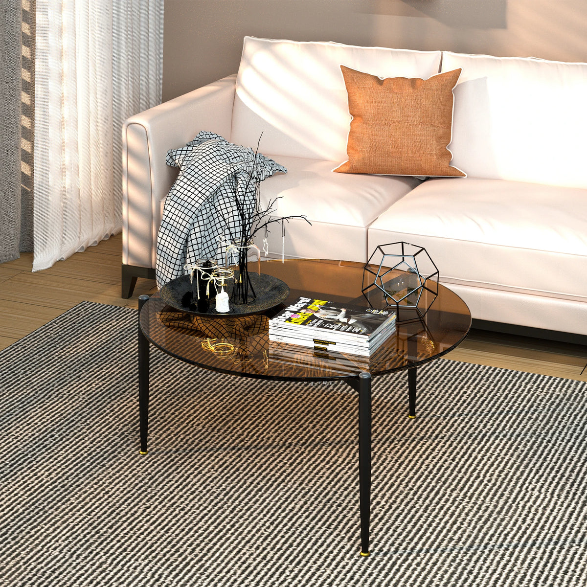 table basse moderne verre transparent pieds métalliques marron clair salon