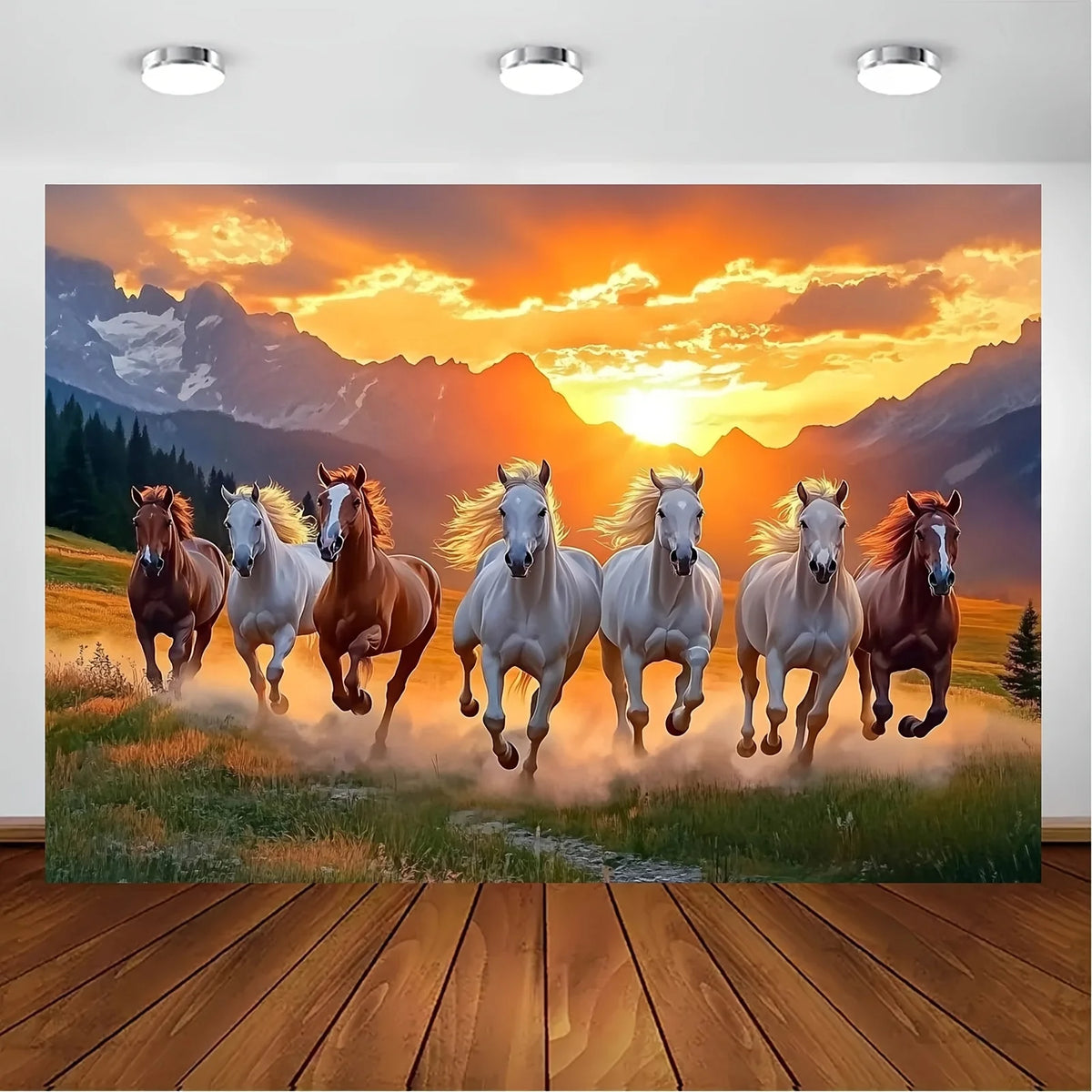 affiche murale chevaux paysage montagneux coucher soleil mariage anniversaire fêteOpaque Réaliste Marque Pas Fixation