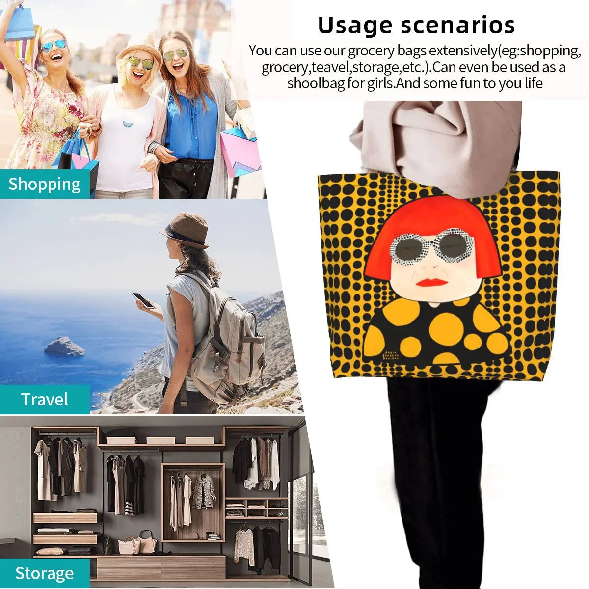 sac main polyester jaune points noirs moderne poche intérieure poignées noires femme pop art