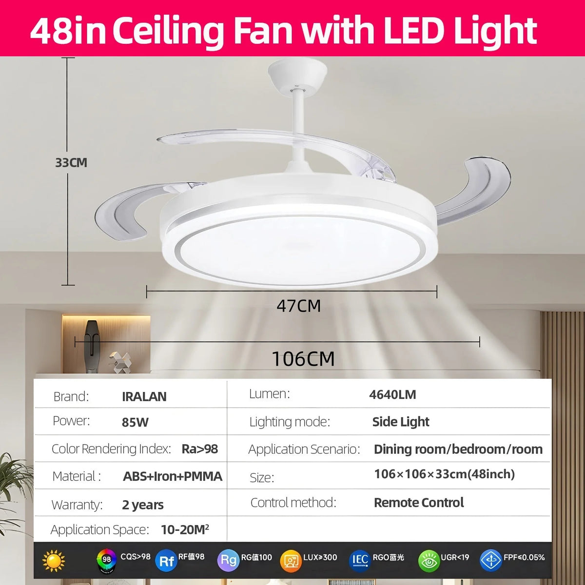 ventilateur blanc moderne vitesses lumière tricolore led télécommande