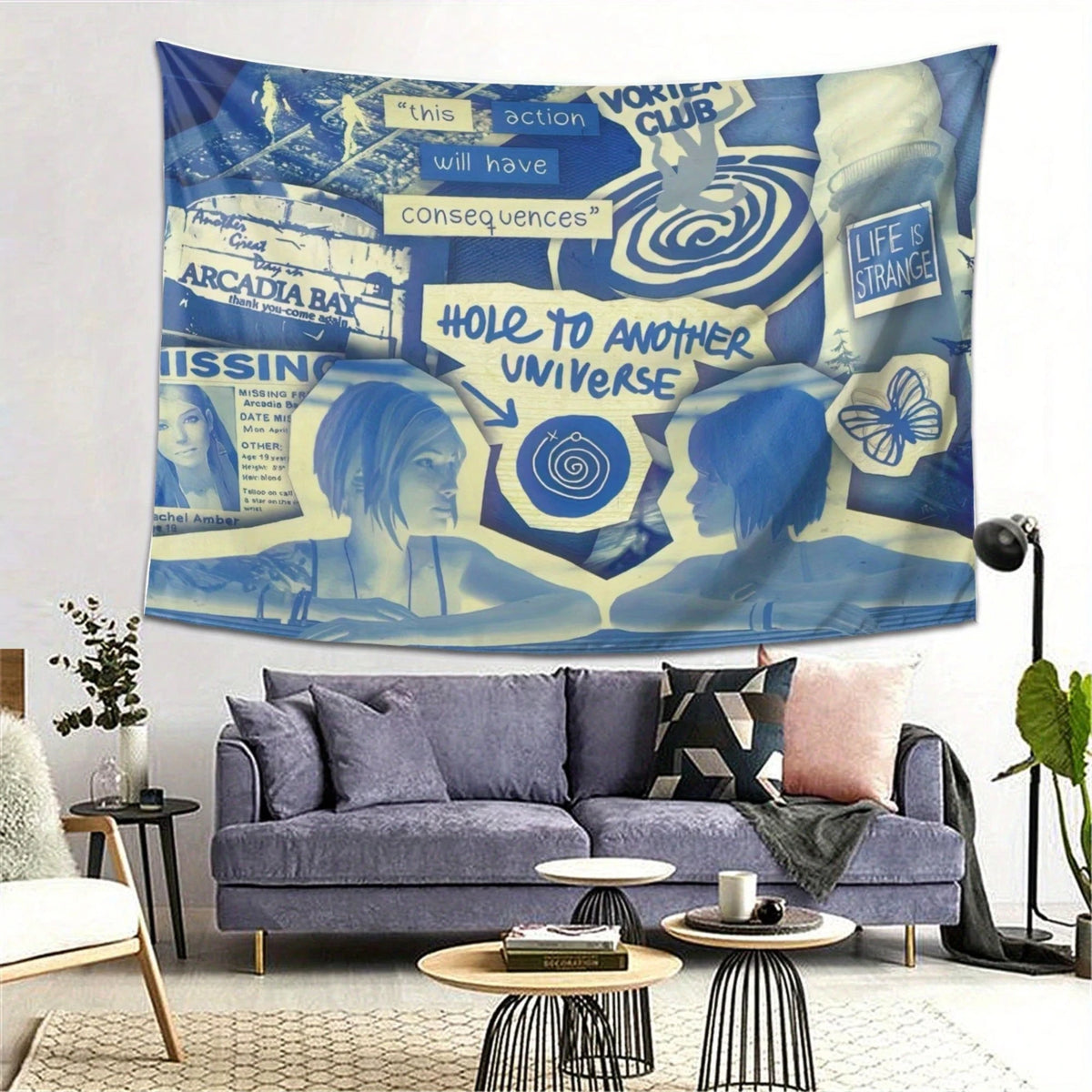 tapisserie pop art bleu blanc phrases spirales papillon faces salon chambre