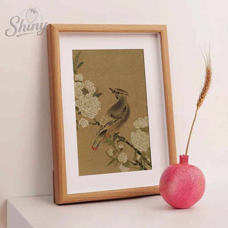 Cadre photo fleurs oiseaux paysage traditionnel bois naturel beige rose decoration apartment vertical