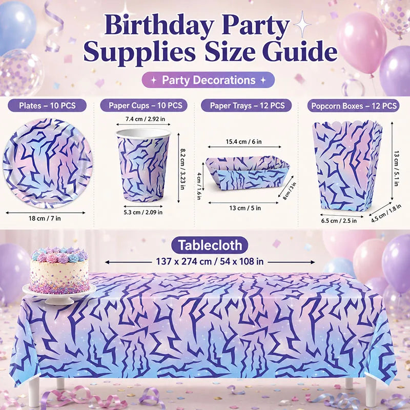 vaisselle jetable fête anniversaire assiettes gobelets serviettes tableau violet blanc bleu moderne
