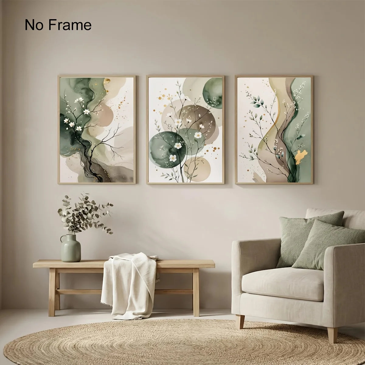 toiles d'art abstrait modernes vertes cadres bois salon decoration minimalistes