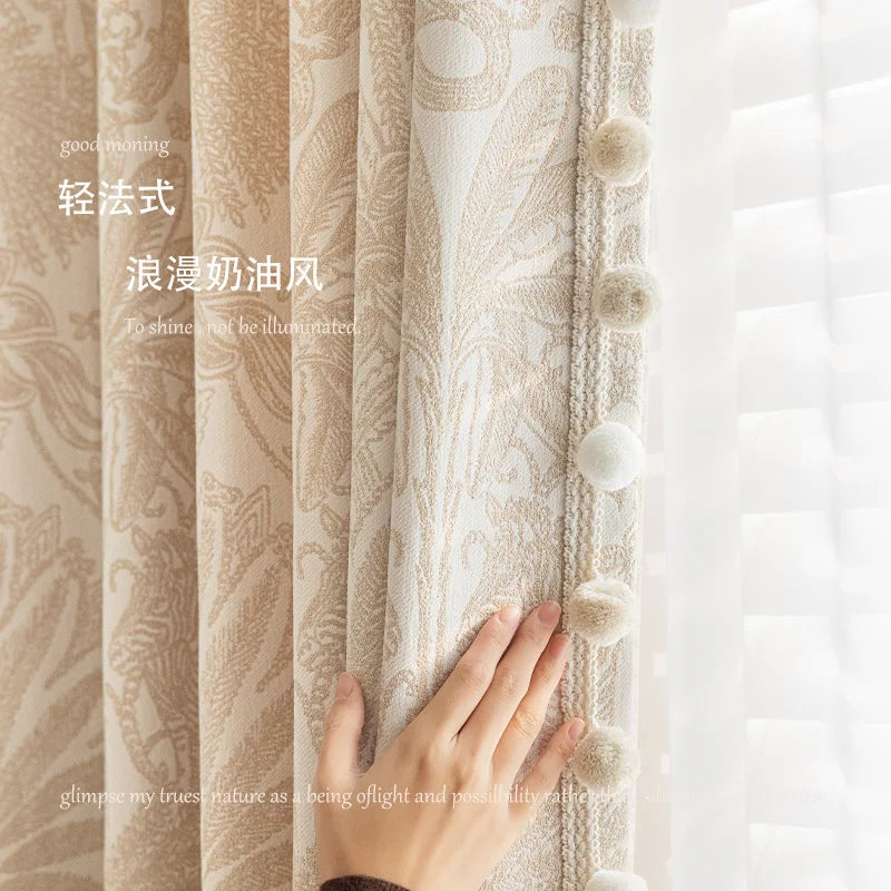 rideau beige floral brodé classique romantique salon chambre maison tissu épais opaque