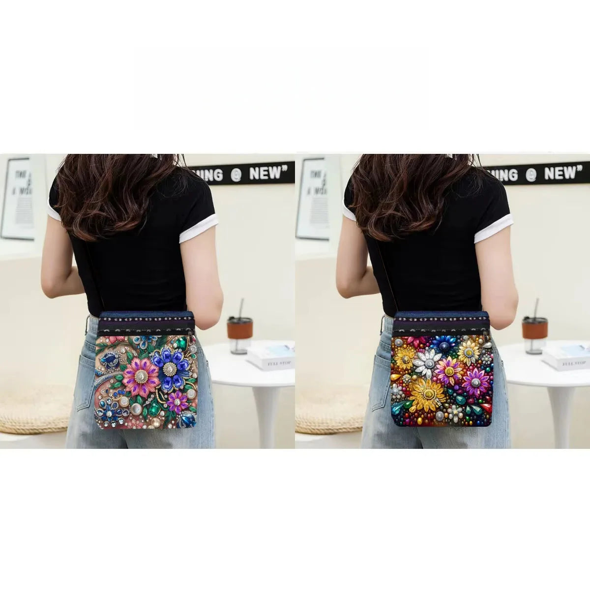 sac main noir bleu denim fleurs strass poignées moderne portable décoration quotidien
