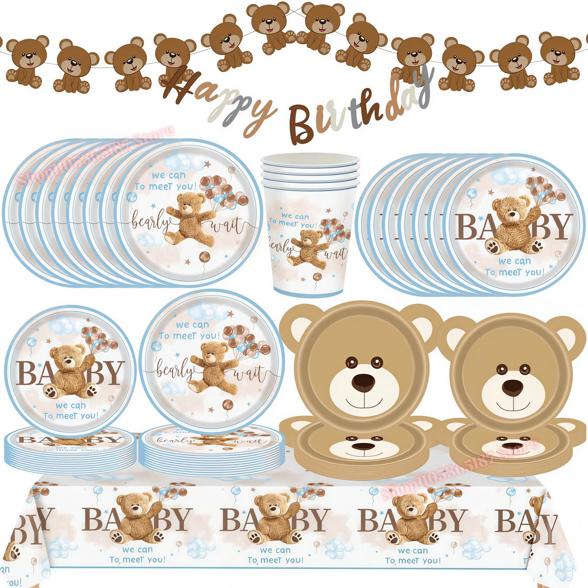 assiettes jetables anniversaire ours enceinte ballons napkins tablecloth thème bébé festive