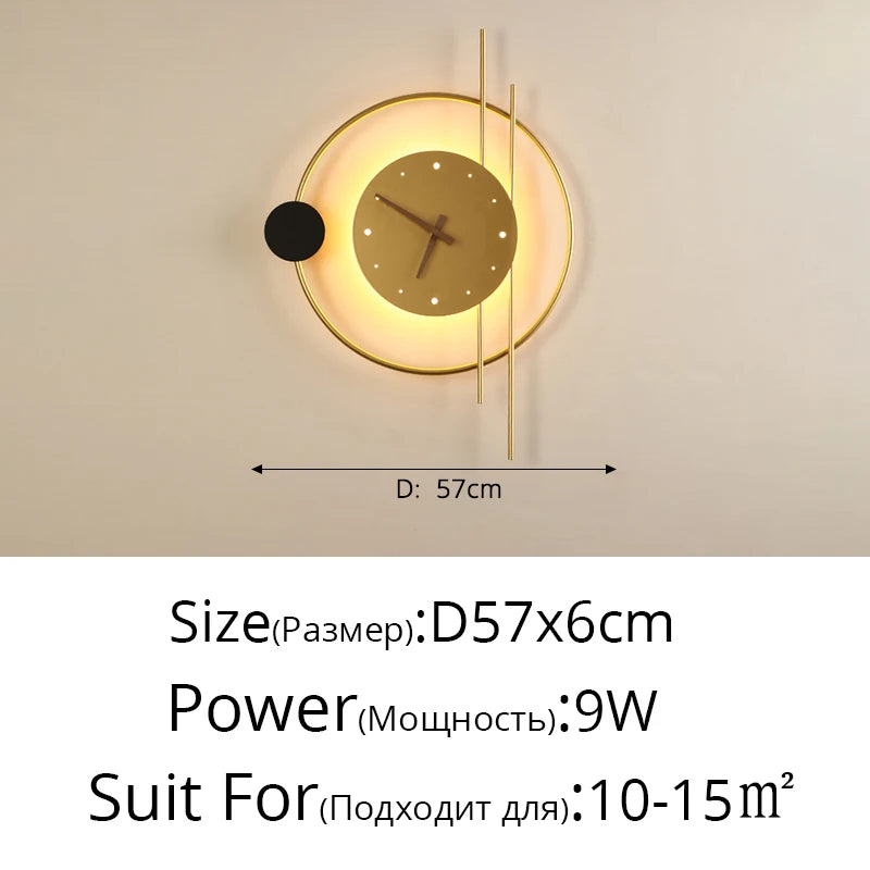 applique murale moderne horloge LED contemporain éclairage quotidien noir doré fixée mur