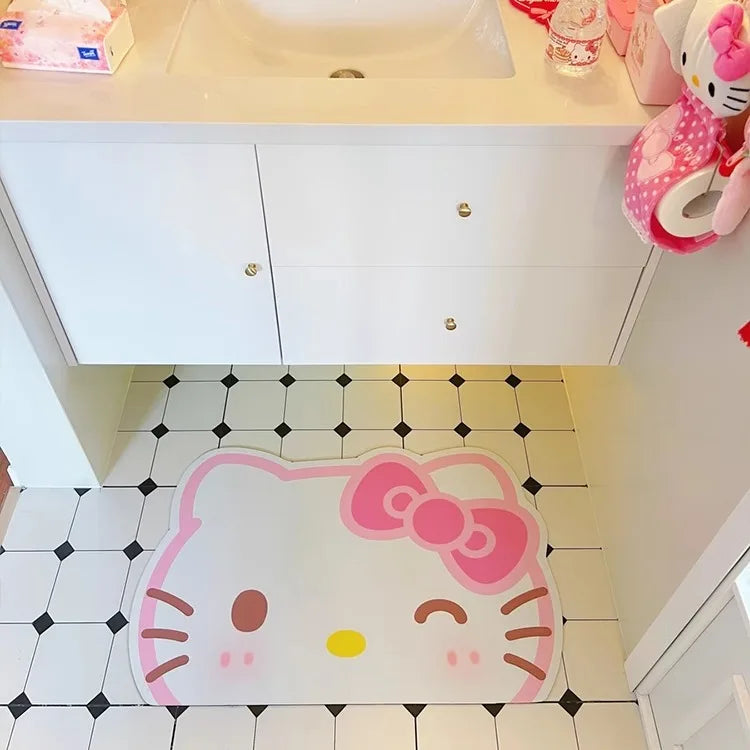 tapis sol antidérapant polyester salle bain dessin animé hello kitty arc rouge détails roses