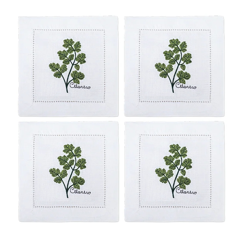 serviette cuisine lin blanc brodée motifs plantes aromatiques naturelle table élégante