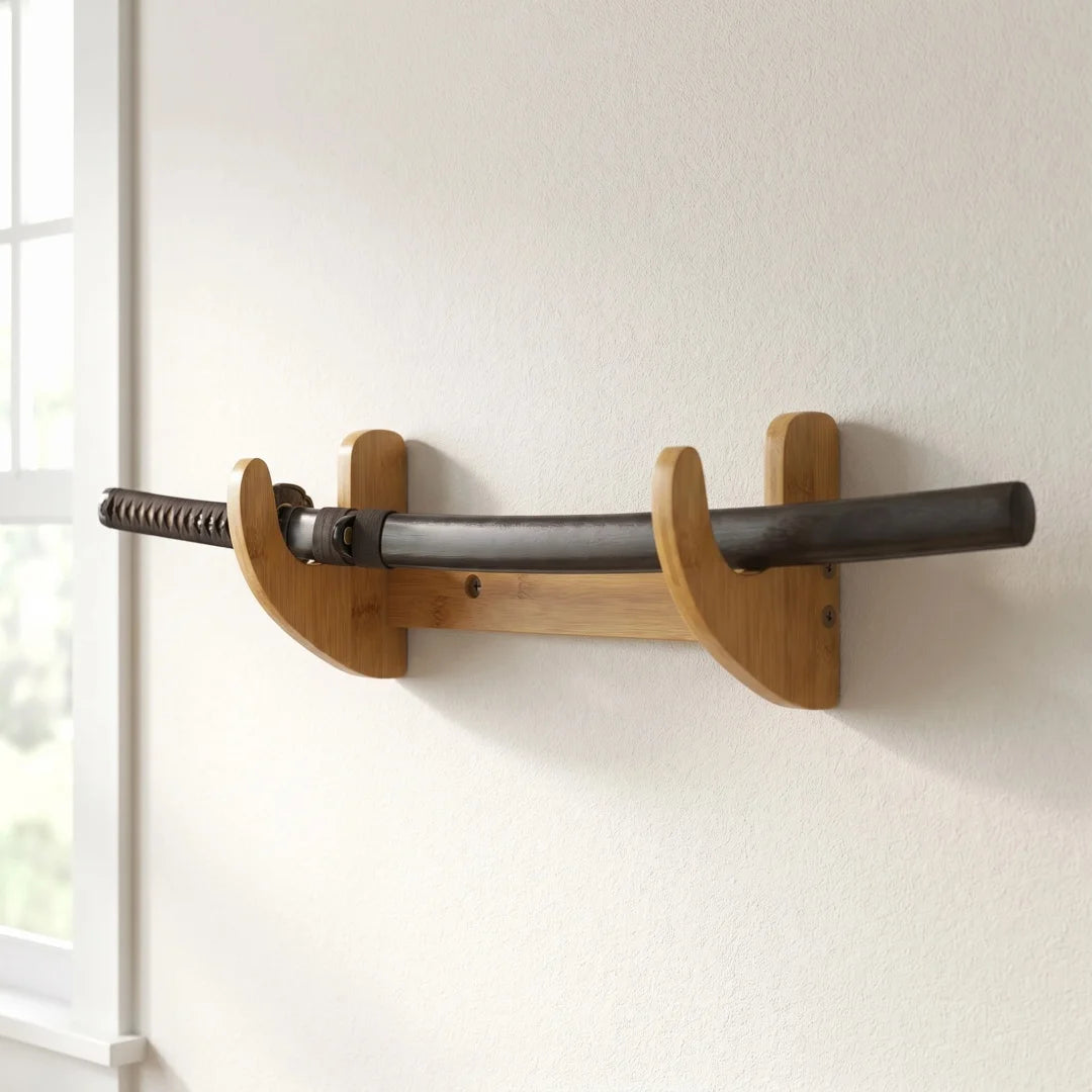 support mur épées sabres katanas japonais traditionnels deco épingle bois clips marronclair